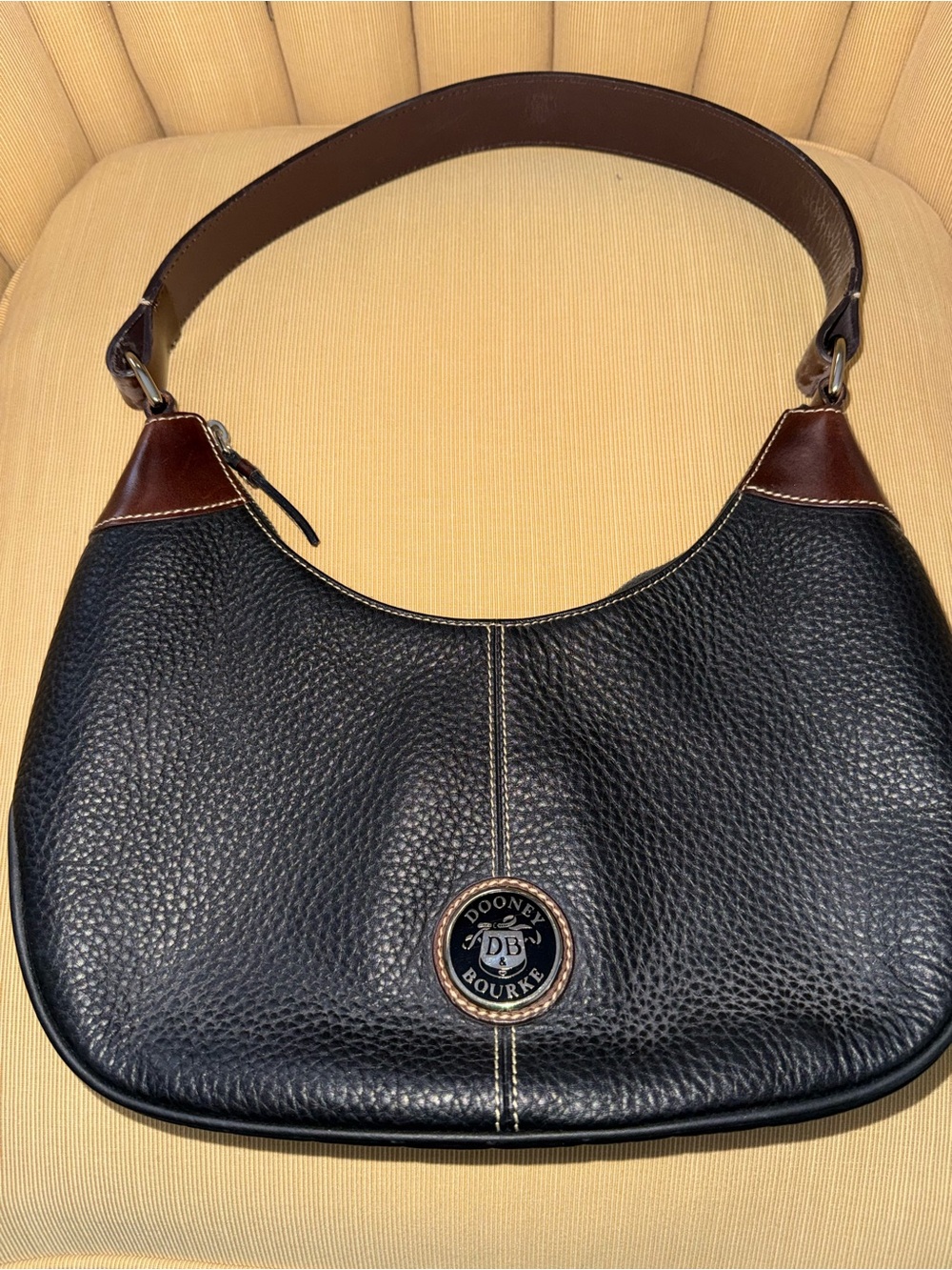 Vintage Dooney & Bourke Black Pebbled Leather Shoulder Bag with Brown Trim